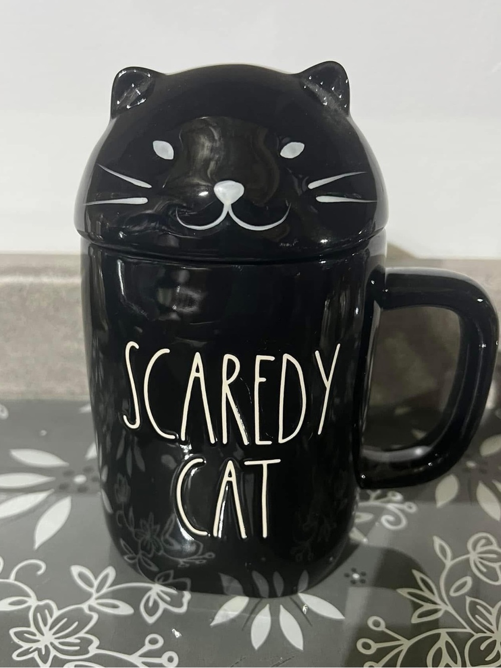 Rae Dunn Scaredy Cat Black Ceramic Mug with topper
